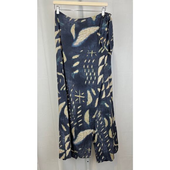 Soft Surroundings Pants - SOFT SURROUNDINGS  Size 12 Printed Wide Leg Wrap Crop Pants Rayon Linen Blue Tan